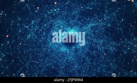 Hintergrundkonzept Für Das Technologienetzwerk. Ein Flying Through Digital Data Tunnel, bestehend aus digitalen Knoten und Verbindungswegen. Digital, Communication und T Stockfoto