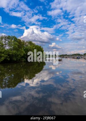 Steinhude, Niedersachsen, Deutschland - 08. Juni 2020: Blick auf das Steinhuder Meer mit einem Steg und dem Yachthafen in der Nähe der Badeinsel Stockfoto