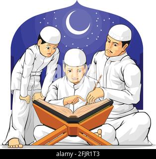 Kinder Familie lernen, den Koran zu lesen Islamisches Heiliges Buch in Ramadan-Cartoon Stock Vektor