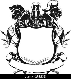 Knight & Shield Silhouette Ornament Schwarz-Weiß Schablonenzeichnung Stock Vektor