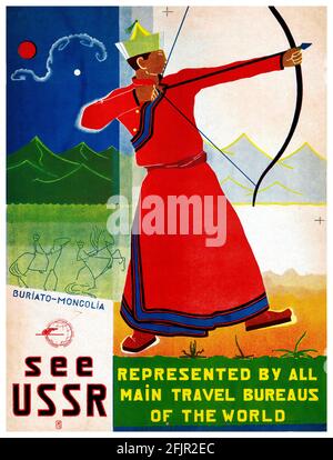 Buriato-Mongolei. Siehe UdSSR von Valerian Schitenev (1902-1974). Restauriertes Vintage-Poster, das 1934 in der UdSSR veröffentlicht wurde. Stockfoto