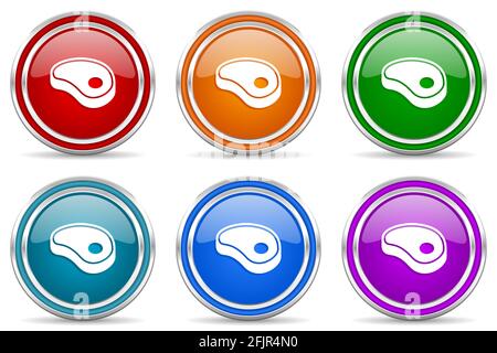 Fleisch, Steak silber metallic glänzende Symbole, Set von modernen Design-Tasten für Web-, Internet-und mobile Anwendungen in 6 Farben Optionen isoliert auf weiß Stockfoto