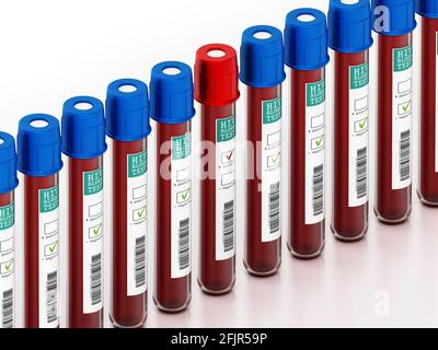 Blutproben in Fläschchen mit HIV-Testetiketten, isoliert auf weißem Hintergrund. 3D-Illustration. Stockfoto