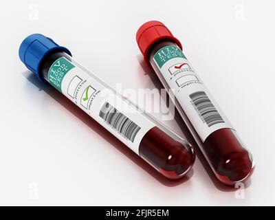 Positive und negative Blutproben in Ampullen mit HIV-Testetiketten. 3D-Illustration. Stockfoto