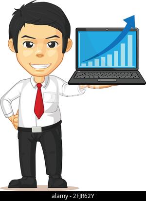 Grafik zur Erhöhung der Mitarbeiterdaten auf dem Laptop – Karikatur zur Präsentation von Büromitarbeitern Stock Vektor