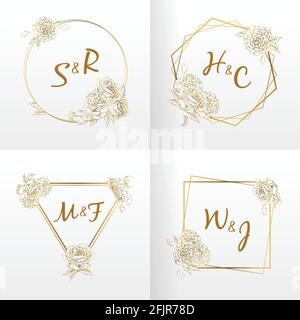 Monogram Hochzeitsrahmen Blumenschmuck Handgezeichnete Rose Blume Vektor Stock Vektor