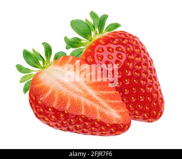 Erdbeeren mit Blättern isoliert auf weißem Hintergrund Stockfoto