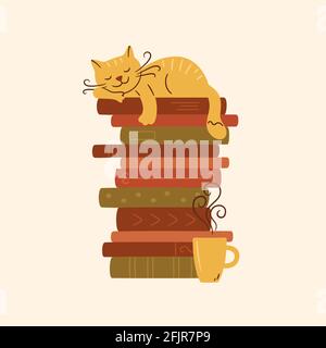 Ein Stapel Bücher mit einer schlafenden Katze und einer Tasse heißen Tee. Niedliche Kätzchen schlafen auf Bücher Haufen. Vektorgrafik auf weißem Hintergrund Stock Vektor
