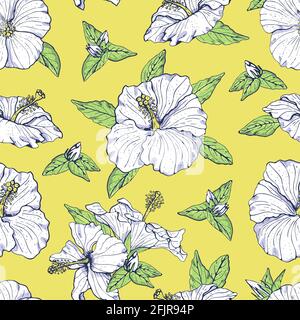 Nahtloses Vintage-Muster mit weißen Hibiskusblüten, Knospen und Blättern in Linienform mit dunkler Kontur. Auf gelbem Hintergrund Stock Vektor