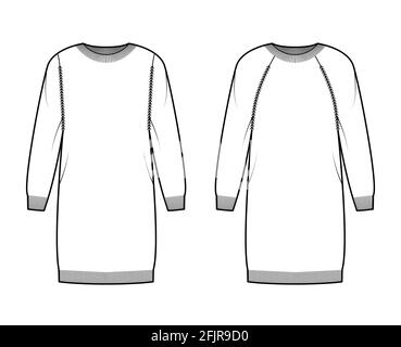 Set aus Kleid mit Rundhalsausschnitt Pullover technische Mode-Illustration mit langen Raglanärmeln, übergroß, knielang, Rippenstrick. Flatpullover-Bekleidung vorne, in weißer Farbgebung. Frauen Männer Unisex CAD Mockup Stock Vektor