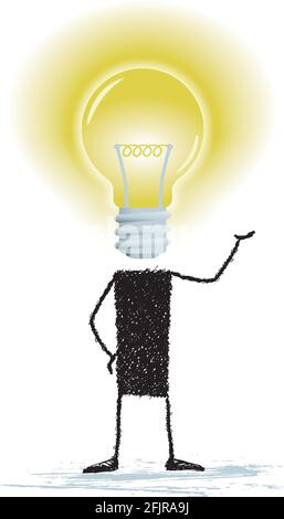 Abbildung einer Stabfigur, deren Kopf eine Glühbirne ist. Eine Person mit brillanter Idee. Stock Vektor