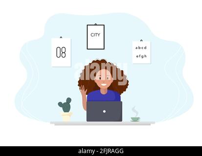 Frau sitzt an einem Laptop und studiert online. Frau begrüßt eine Lehrerin per Online-Kommunikation. Flaches Design-Konzept der Online-Bildung, Ausbildung und Stock Vektor