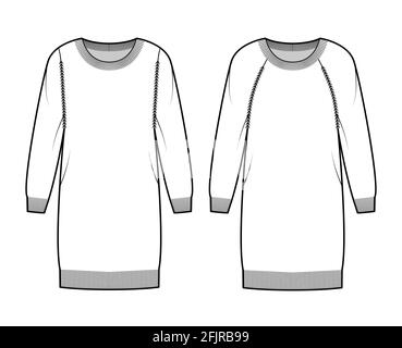 Set aus Kleid mit Rundhalsausschnitt Pullover technische Mode Illustration mit langen Raglanärmeln, Übergröße, Hüftlänge, Rippenstrick. Flatpullover Bekleidung vorne, hinten, weiß. Frauen Männer Unisex CAD Mockup Stock Vektor