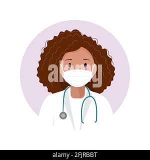 Afroamerikanische Ärztin in einem medizinischen Gesichtsmaske Avatar. Gesundheitsfürsorge persönlich. Therapeut. Krankenschwester. Vektorgrafik im flachen Stil. Arzt Stock Vektor