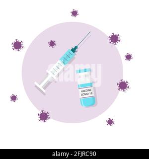 Covid-19 Corona-Virus-Impfung mit einer Glasvakzinflasche und einer Spritze, die von Viren umgeben ist. Impfkonzept. Injektionswerkzeug für covid19 Stock Vektor
