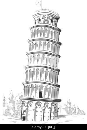 Skizze von Italien Wahrzeichen - Schiefer Turm von Pisa Hand Gezeichnete Illustration Stock Vektor