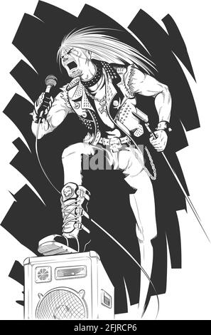 Skizze des Rocker-Singens auf Concert Schwarz-Weiß-Illustration Handzeichnung Stock Vektor