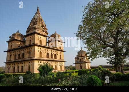 Chhatris, Grabdenkmäler, die dem Königshaus aus dem 16. Und 17. Jahrhundert in Orchha, Madhya Pradesh, Indien, gewidmet sind. Stockfoto