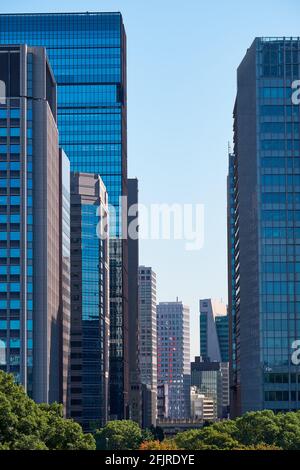 Das Wolkenkratzer-Zentrum im Marunouchi-Geschäftsviertel von Tokio aus der Sicht der Gärten des Kaiserpalastes. Japan Stockfoto