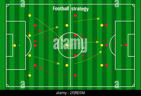 Fußball- oder Fußballstrategie, rote und gelbe Stifte mit Pfeilen auf grüner Stadionkulisse mit weißen Linien im Layout Stock Vektor