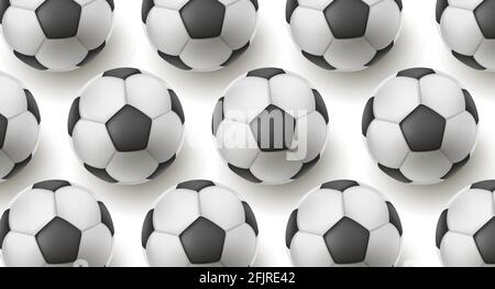 Haufen klassischer schwarz-weißer Fußballbälle, die Textur bilden, realistischer 3d-Hintergrund mit Kugeln, illustratives Muster, Draufsicht mit Schatten, Wettbewerb Stock Vektor