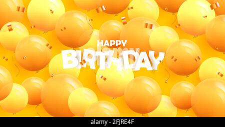 Happy Birthday Grußbanner mit modernen runden gelben 3D-Ballons, die weiche Textur auf gelbem Hintergrund mit Konfetti, Cartoon-Stil schaffen Stock Vektor