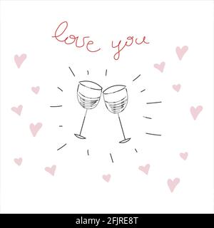 Valentinskarte mit zwei Gläsern im Vektor. Stock Vektor