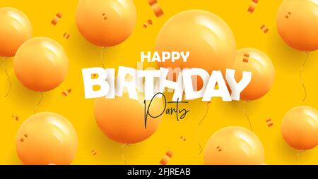 Happy Birthday Grußbanner mit modernen 3d mono Farbe gelben Ballons auf gelbem Hintergrund mit Konfetti, Cartoon-Grafik Stock Vektor