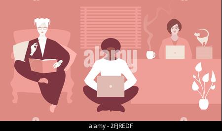 Gruppe von drei jungen Geschäftsleuten, die in entspannter Atmosphäre arbeiten, umgeben von Kaffee, Pflanzen und einer Katze Stock Vektor