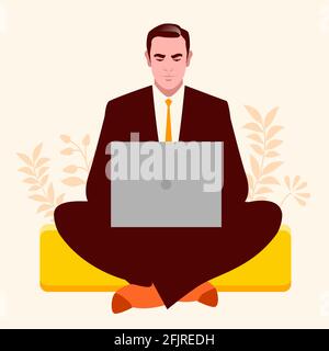 Geschäftsmann, der in Lotusposition sitzt und auf einem Laptop arbeitet, ruhig und entspannt, umgeben von Pflanzen und Blumen. Stock Vektor