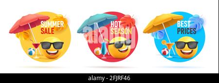 Set von Sommer Sale Rabatt-Tags, Kreis Formen mit 3d-Illustration von Smiley Face Emoji mit Regenschirm und Cocktails in Sonnenbrillen am Strand havin Stock Vektor