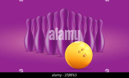 Bowling Ball und Pin-Set, monochrome violette Kegel auf demselben Hintergrund mit gelber Kugel, 3d-Darstellung des Pin-Sets in Perspektive Stock Vektor