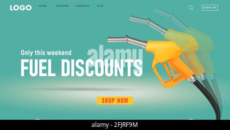 Web-Banner für Kraftstoffrabatte für die Landing Page der Tankstelle mit Illustration der gelben Gaspistole in Bewegung Unschärfe auf türkis Hintergrund Stock Vektor