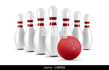 Bowling Ball und Pin Set, weiße Kegel mit roten Streifen und rote Kugel, klassisches Spiel Stock Vektor