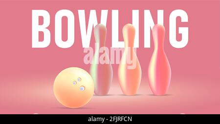 Moderne 3d-Grafik, drei Bowling-Pins und Ball in warmen golgen-Pink-Farbpalette mit großem Typografie-Text Stock Vektor