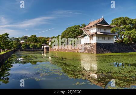 Der Kikyo-bori-Graben wuchs mit Wasserpflanzen um das Tokyo herum Außenwand des Kaiserpalastes mit der Edojo Sakurada Tatsumi Yagura Wachturm am Stockfoto