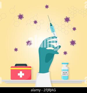 Covid-19 Corona-Virus-Impfung mit einer Hand und einer Spritze, einem Verbandskasten und einer Flasche Impfstoff. Covid19-Immunisierung. Impfung gegen Coronavirus Stock Vektor