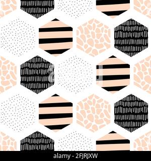 Nahtlose Vektormuster abstrakte geometrische Hexagon-Formen mit handgezeichneter Doodle-Textur. Wiederholen modernen Hintergrund Wabenmuster rosa schwarz Stock Vektor