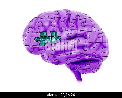 3d menschliche Gehirn Illustration aus gemeinsamen Puzzle fehlt One Circuit elektronische künstliche Intelligenz Evolution Technologie Konzept Bild isol Stockfoto