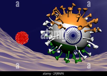 Coronavirus-Nahaufnahme mit indischer Flagge inside-it, Variant Virus Concept 3d-Illustration Stockfoto