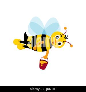 Nette Biene hält Honig. Glücklich Cartoon Biene fliegen mit Eimer Honig. Lächelnde Cartoon-Figur Biene. Vektordarstellung auf weißem Hintergrund isoliert Stock Vektor