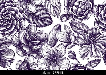 Künstlerisches nahtloses Muster mit Hibiskus, Pflaumenblüten, Pfirsichblüten, Sakura-Blumen, Magnolienblüten, camellia japonica Stock Vektor