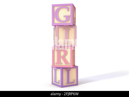 Ein Stapel Holzspielzeug Buchstabenblöcke in Schattierungen von Pink eingerichtet, um das Wort Mädchen auf buchstabieren Ein isolierter weißer Studiohintergrund - 3D-Rendering Stockfoto
