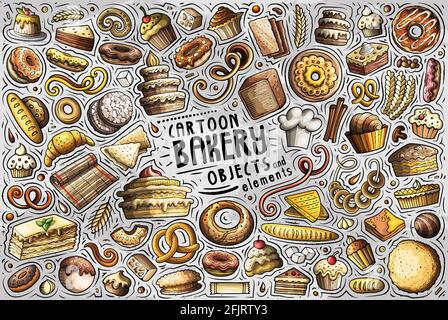 Bunte Vektor handgezeichnete Doodle Cartoon Satz von Bäckerei Themen Artikel, Objekte und Symbole Stock Vektor