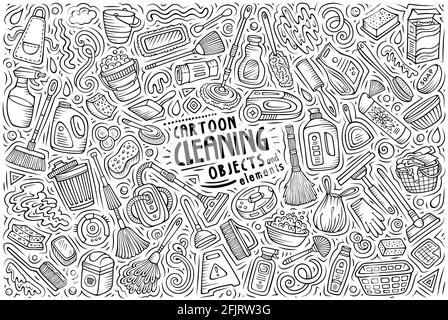 Linie Kunst Vektor handgezeichnete Doodle Cartoon Satz von Reinigung Themen, Objekte und Symbole Stock Vektor