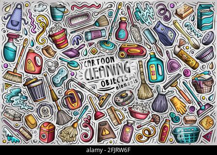 Bunte Vektor Hand gezeichnete Doodle Cartoon Satz von Reinigung Themen Artikel, Objekte und Symbole Stock Vektor