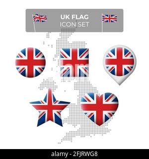 Vereinigtes Königreich, Großbritannien gewellte Flaggen-Symbole in Form von Quadrat, Herz, Kreis, Sternen, Zeiger, Kartenmarkierung. Mosaikkarte von Großbritannien. Union Ja Stock Vektor