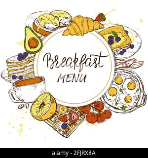 Handgezeichnete traditionelle Frühstücksgerichte, Backwaren und Getränke Stock Vektor