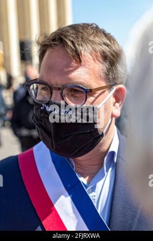 Paris, Frankreich. April 2021. Geoffroy Boulard nimmt an der Kundgebung Teil, die Gerechtigkeit für Sarah Halimi fordert. Stockfoto