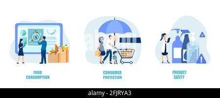 Konzept für Verbraucherschutz, Produktsicherheit und Käuferrechte. Vektor von Käufern geschützt Einkaufen sicher Stock Vektor